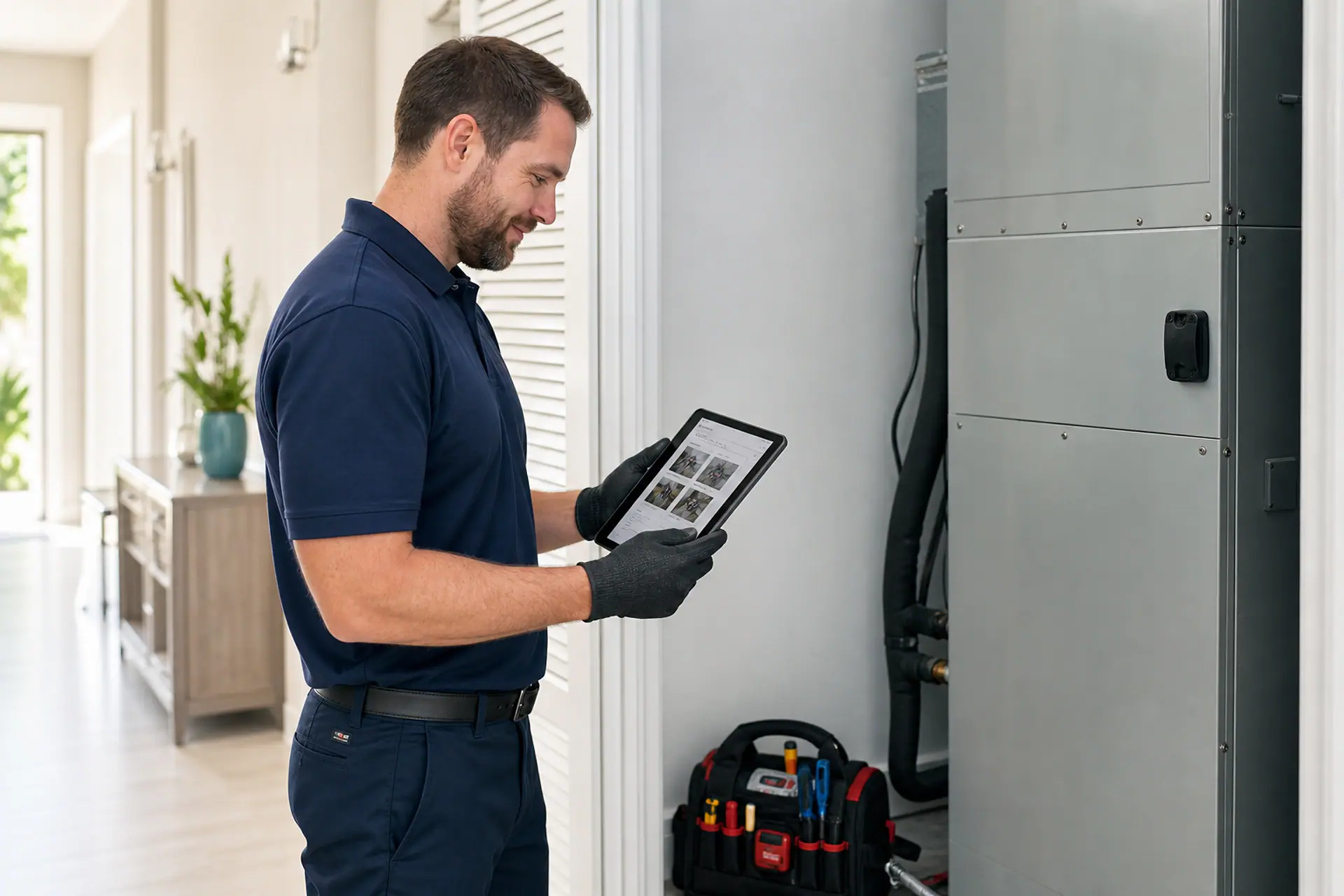Conceptual image of a technician documenting service beside a closed residential air handler
